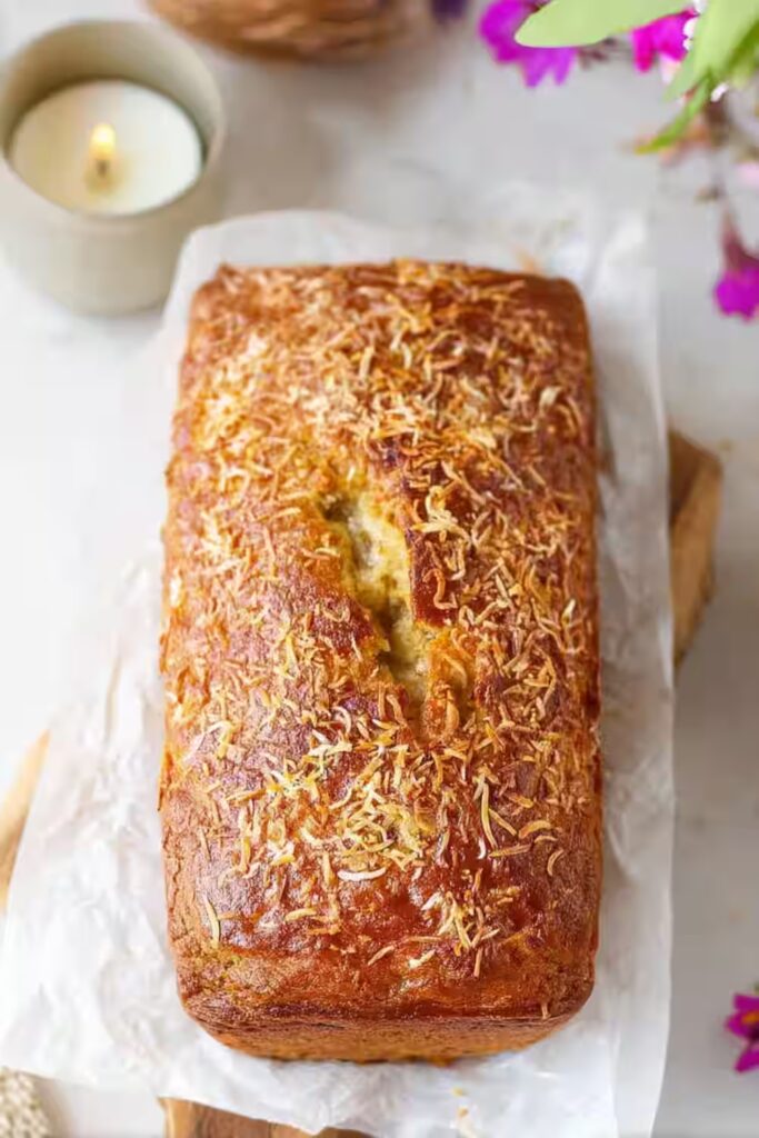 Freshly baked Hawaiian banana bread loaf topped with toasted coconut