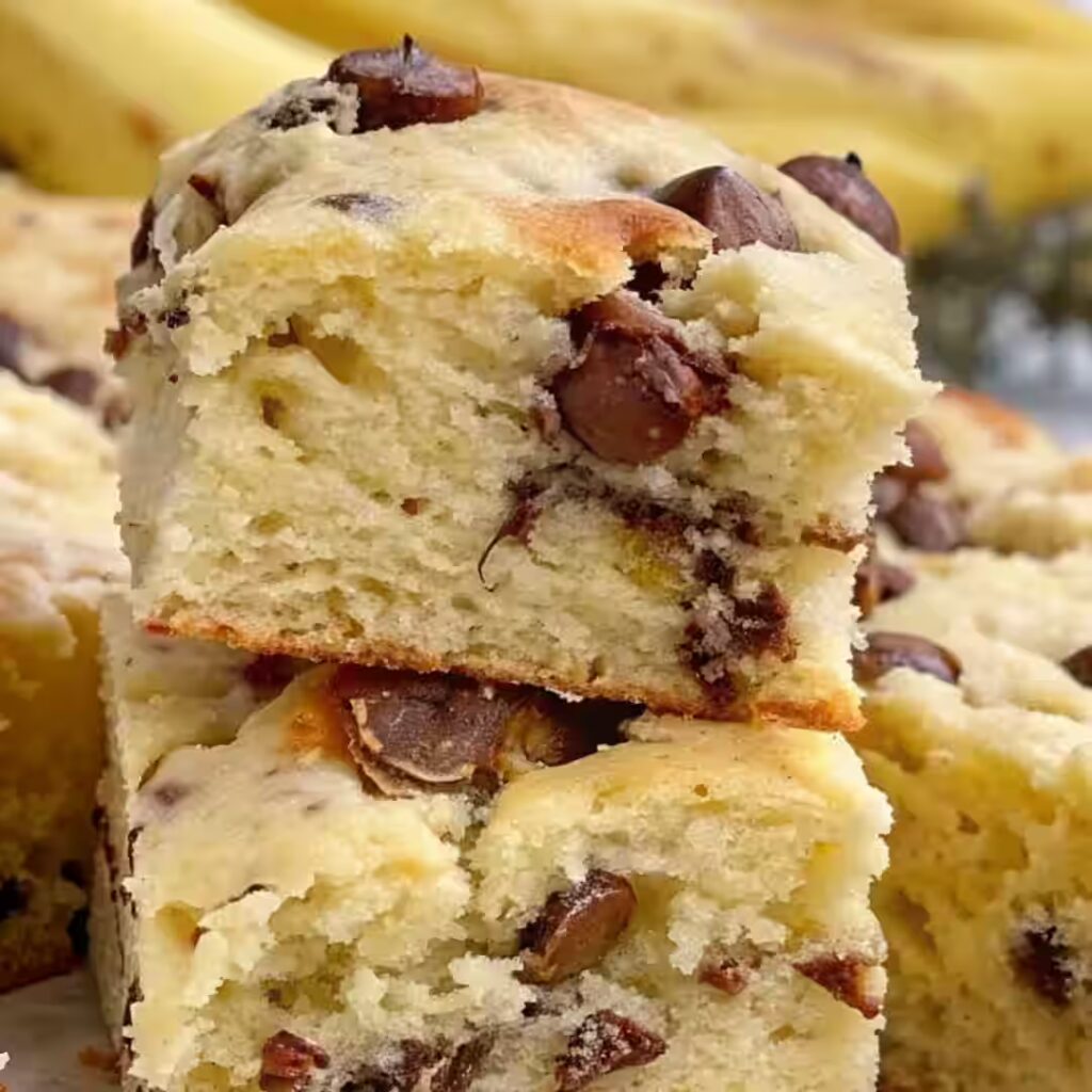 Chocolate chip banana bars stacked on top of each other