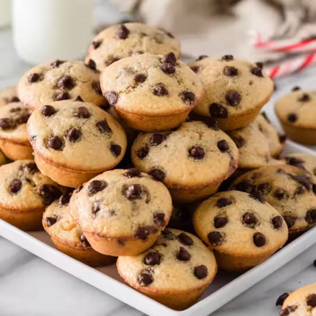 Mini chocolate chip muffins stacked on a white plate