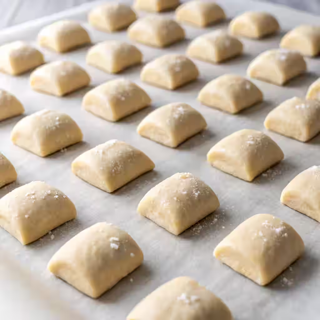 Cut raw Two Ingredient Dough Pretzel Bites arranged on parchment