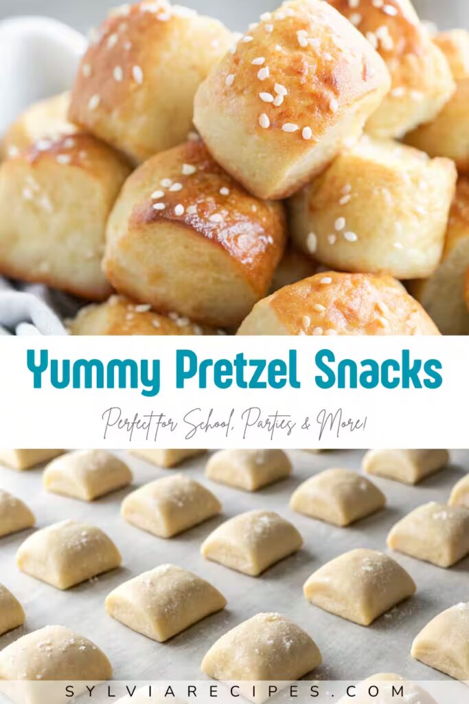Pinterest pin image for Two Ingredient Dough Pretzel Bites with golden baked and raw pretzels