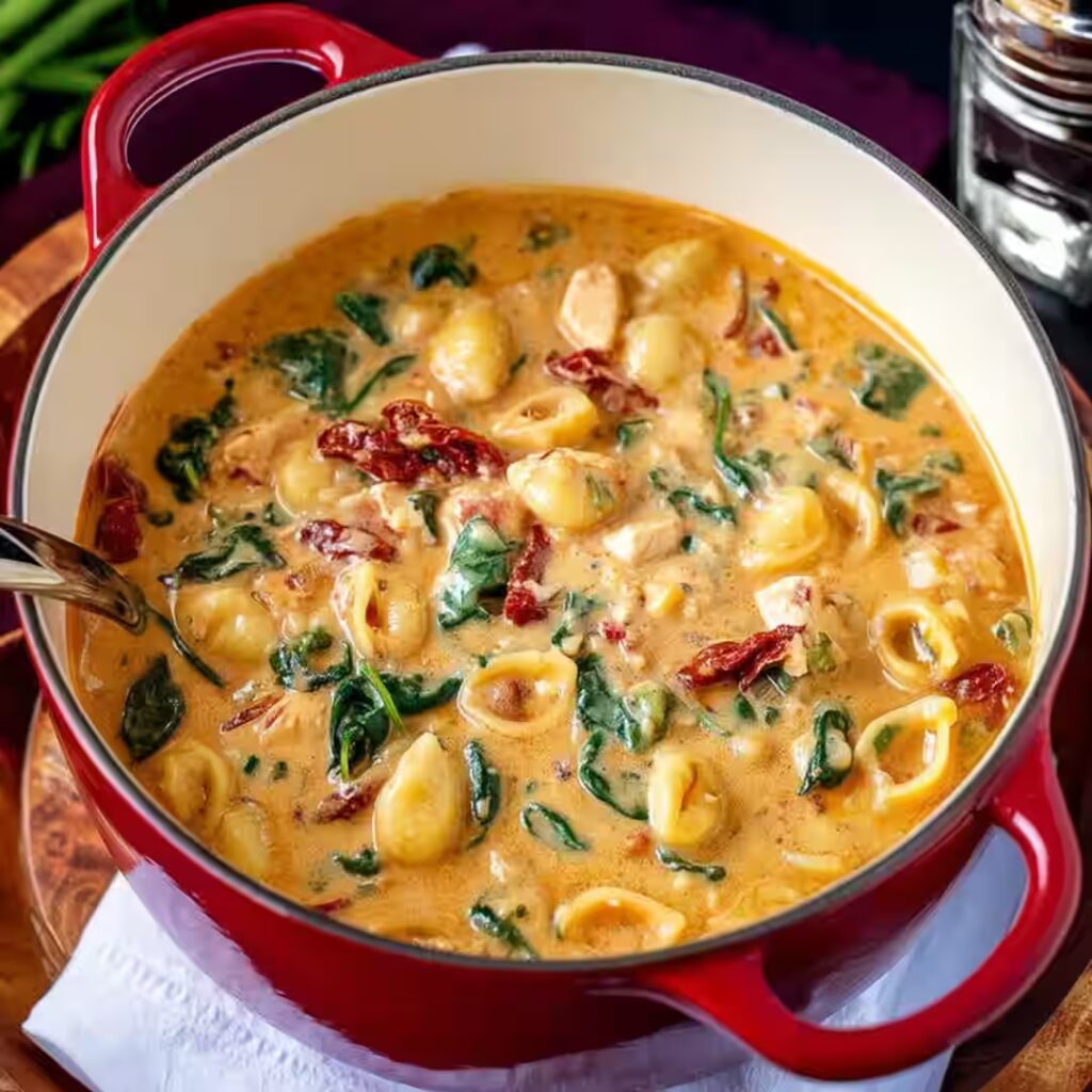 Marry Me Chicken Soup in a red pot with pasta, spinach, and sun-dried tomatoes