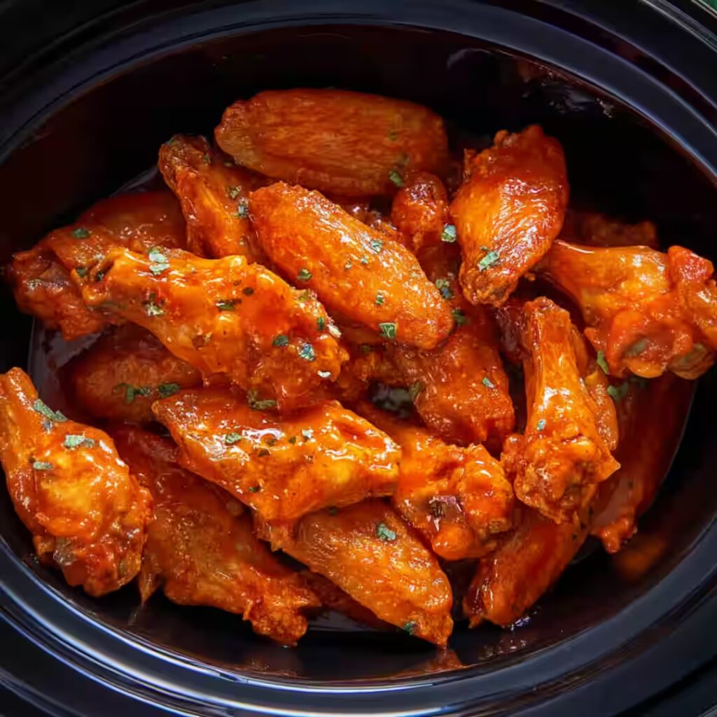 Slow Cooker Buffalo Wings cooked in sauce and served in a black crockpot