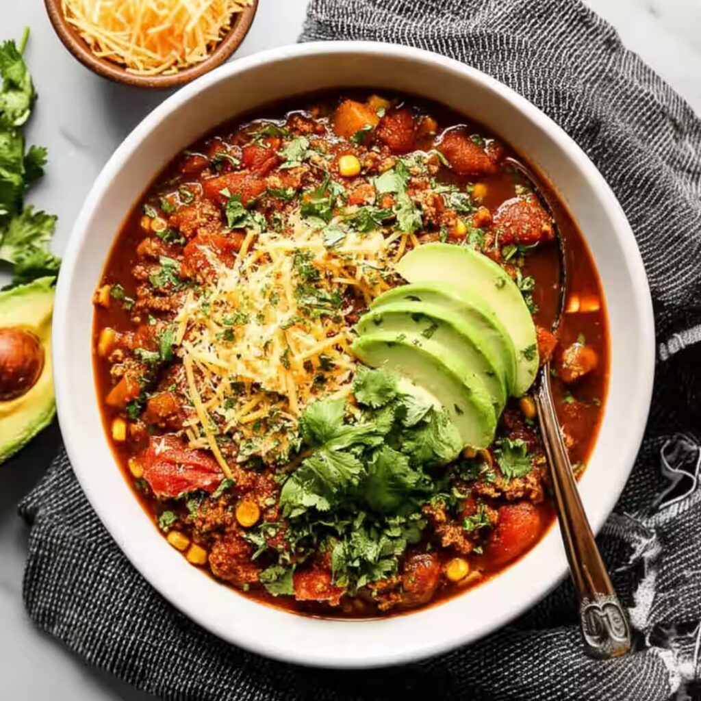 Turkey sweet potato chili topped with avocado, cheese, and cilantro in a white bowl