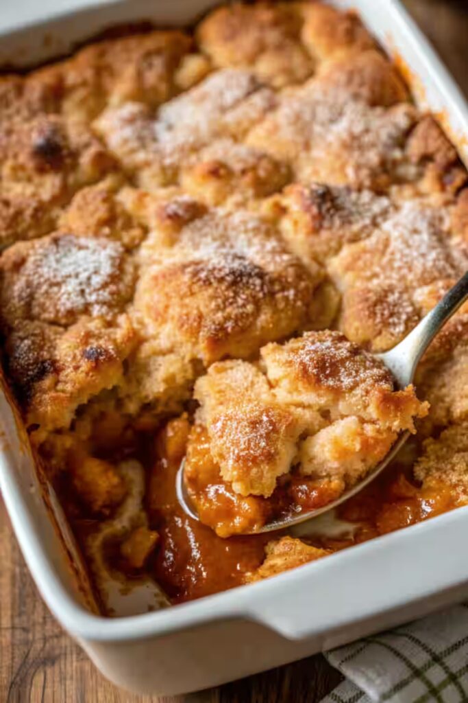 Freshly baked apple cobbler with golden topping in a white dish