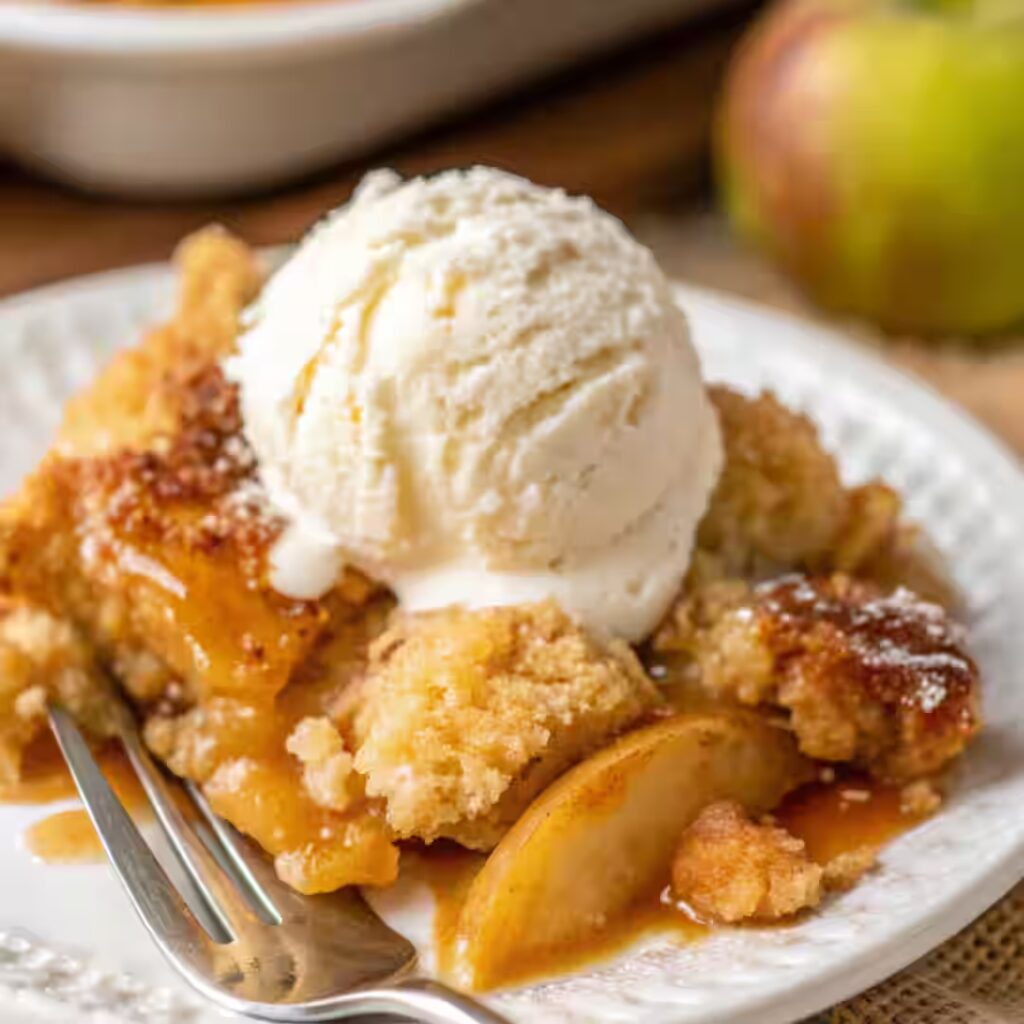 Apple cobbler served warm with vanilla ice cream