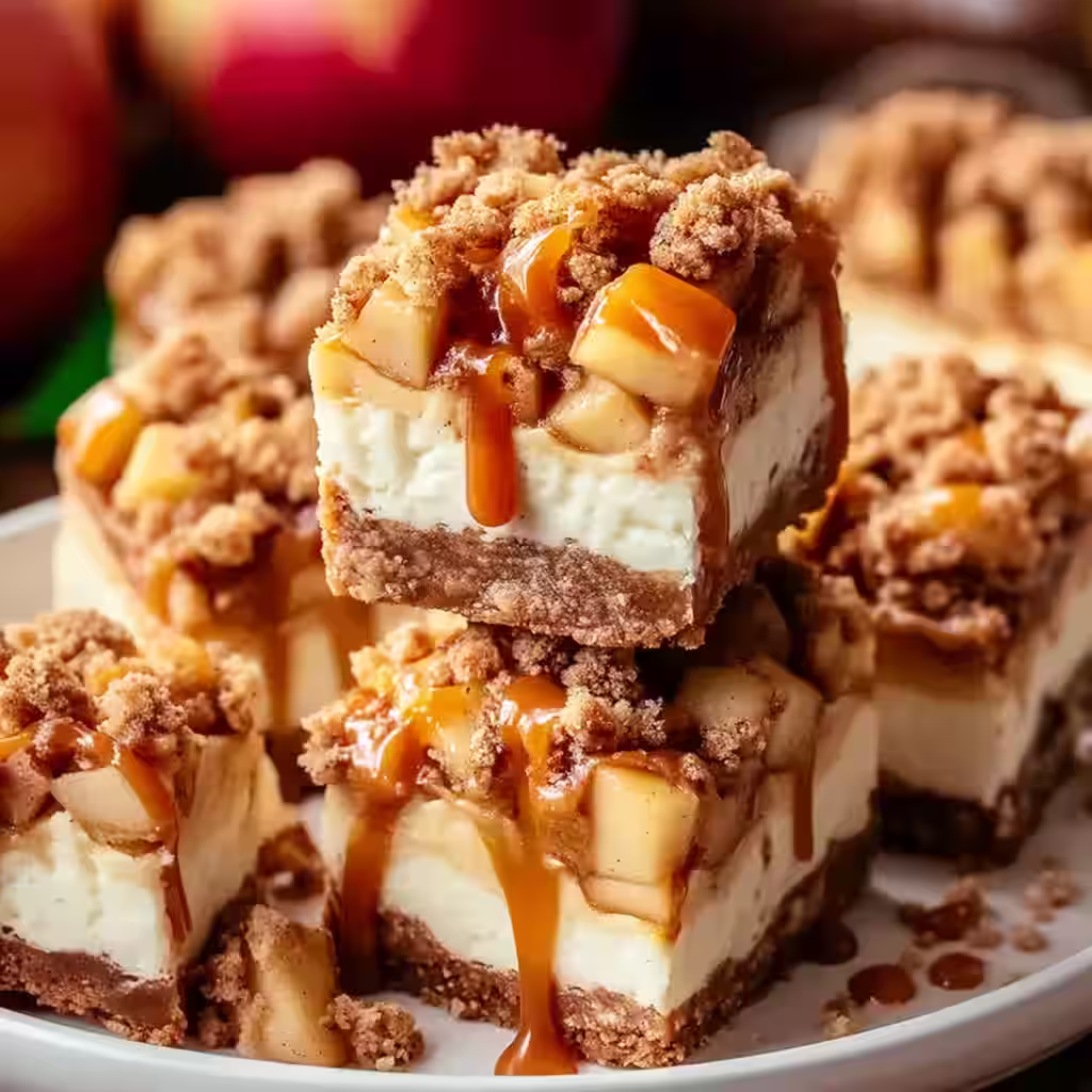 Caramel apple cheesecake bars with streusel topping and caramel drizzle