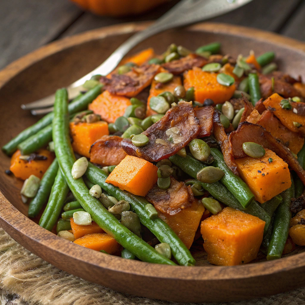 Roasted Green Beans and Butternut Squash with Bacon and Pumpkin Seeds