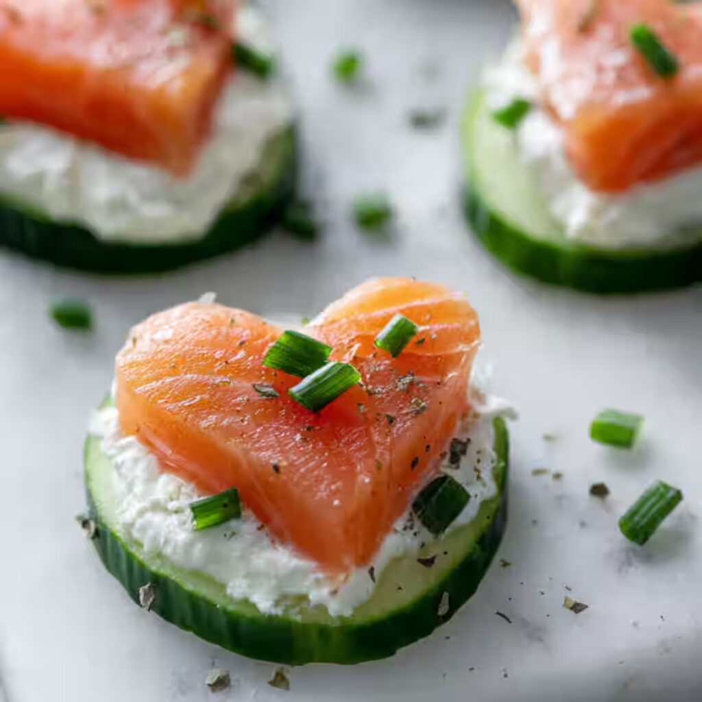 Cucumber Slices with Smoked Salmon Hearts