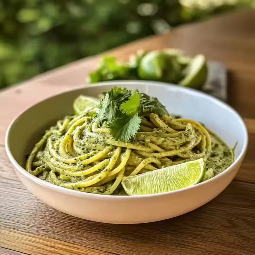 Tomatillo pasta recipe with creamy green sauce, lime, and cilantro