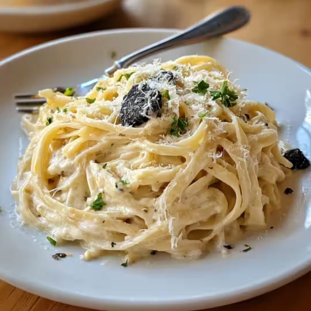 Creamy truffle pasta with parmesan and black truffle shavings on a white plate
