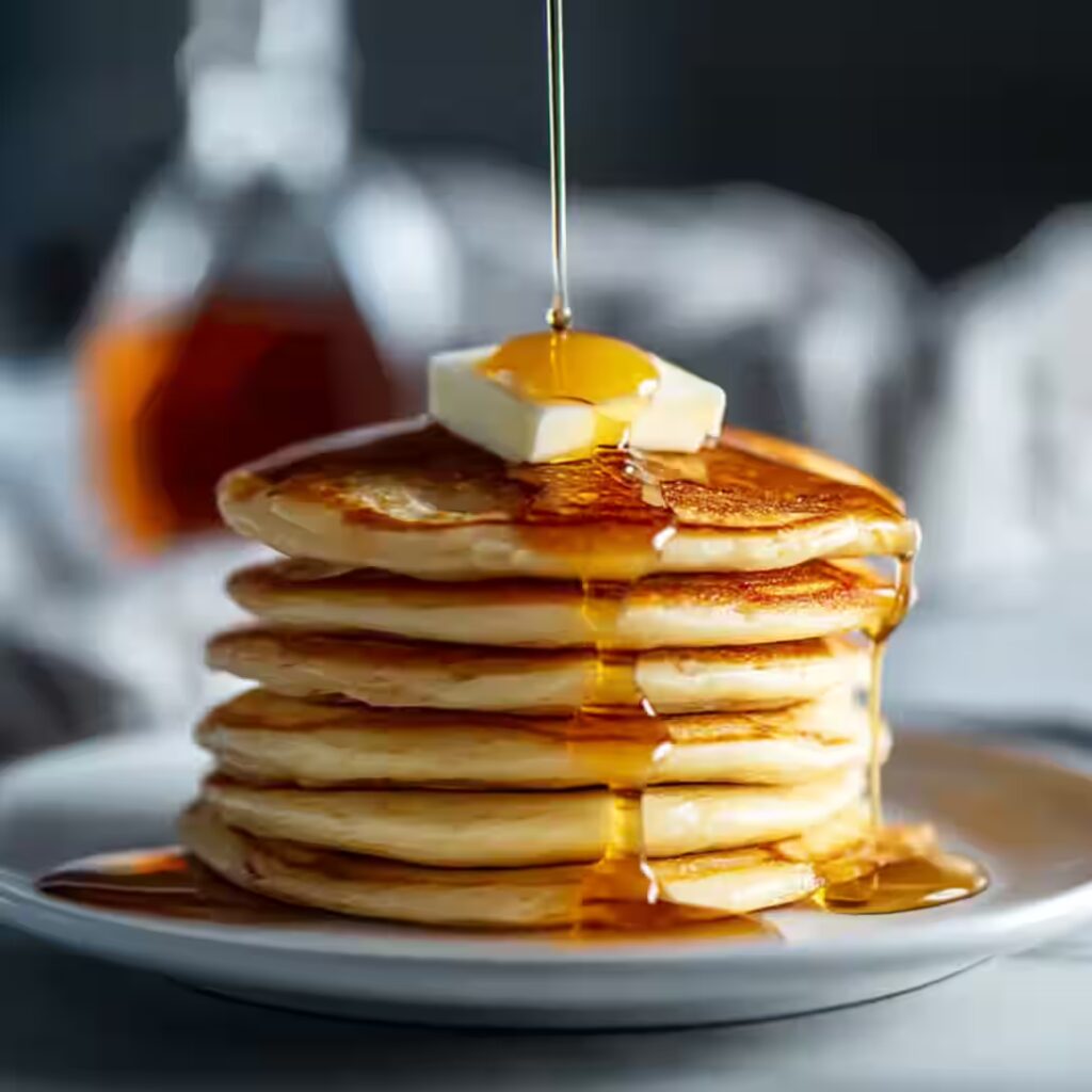 Classic pancakes stack with butter and maple syrup