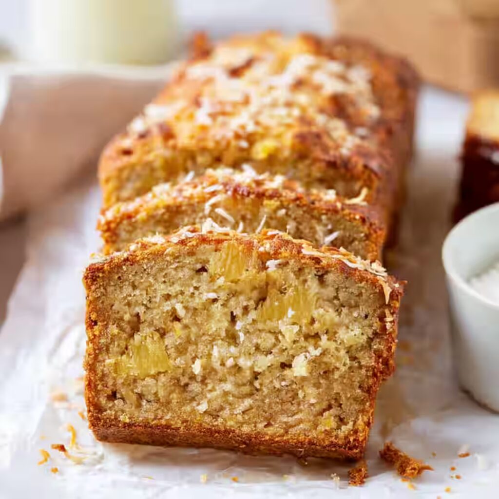 Hawaiian banana bread with pineapple and coconut slices
