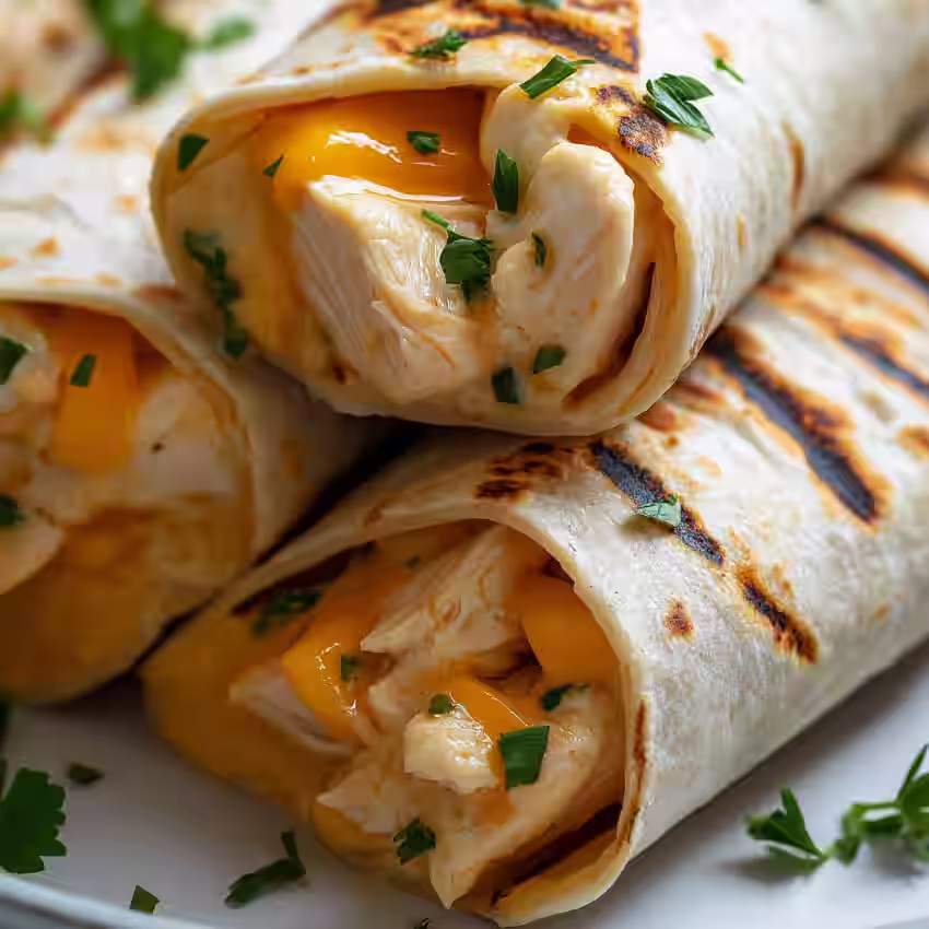 Cheesy garlic chicken wraps with juicy chicken, melted cheddar, and grilled tortillas