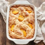 Classic peach cobbler in a white baking dish with golden crust