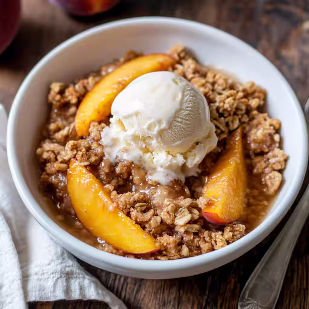 Peach crisp with oat topping and vanilla ice cream