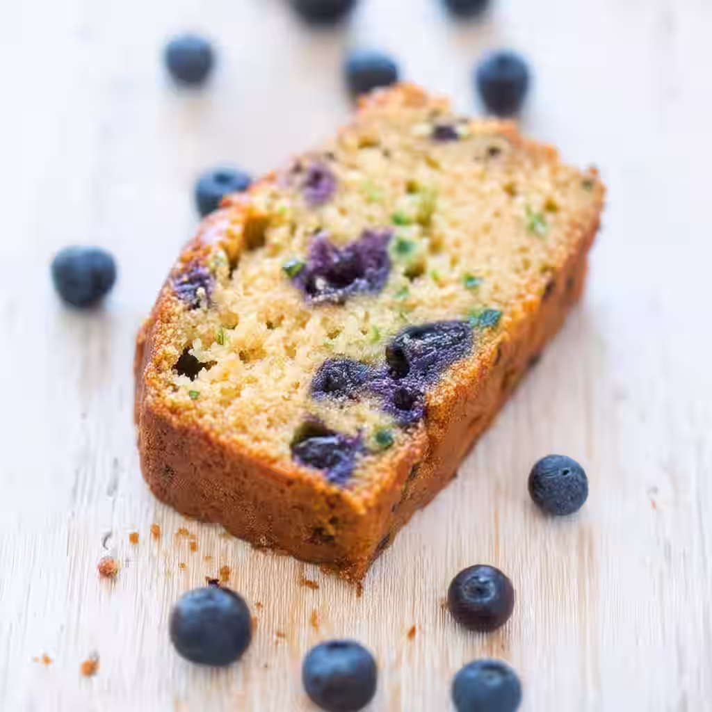 Single slice of blueberry zucchini bread with blueberries on wooden surface