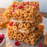 Homemade cereal bars stacked with oat cereal and nut butter