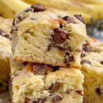 Chocolate chip banana bars stacked on top of each other