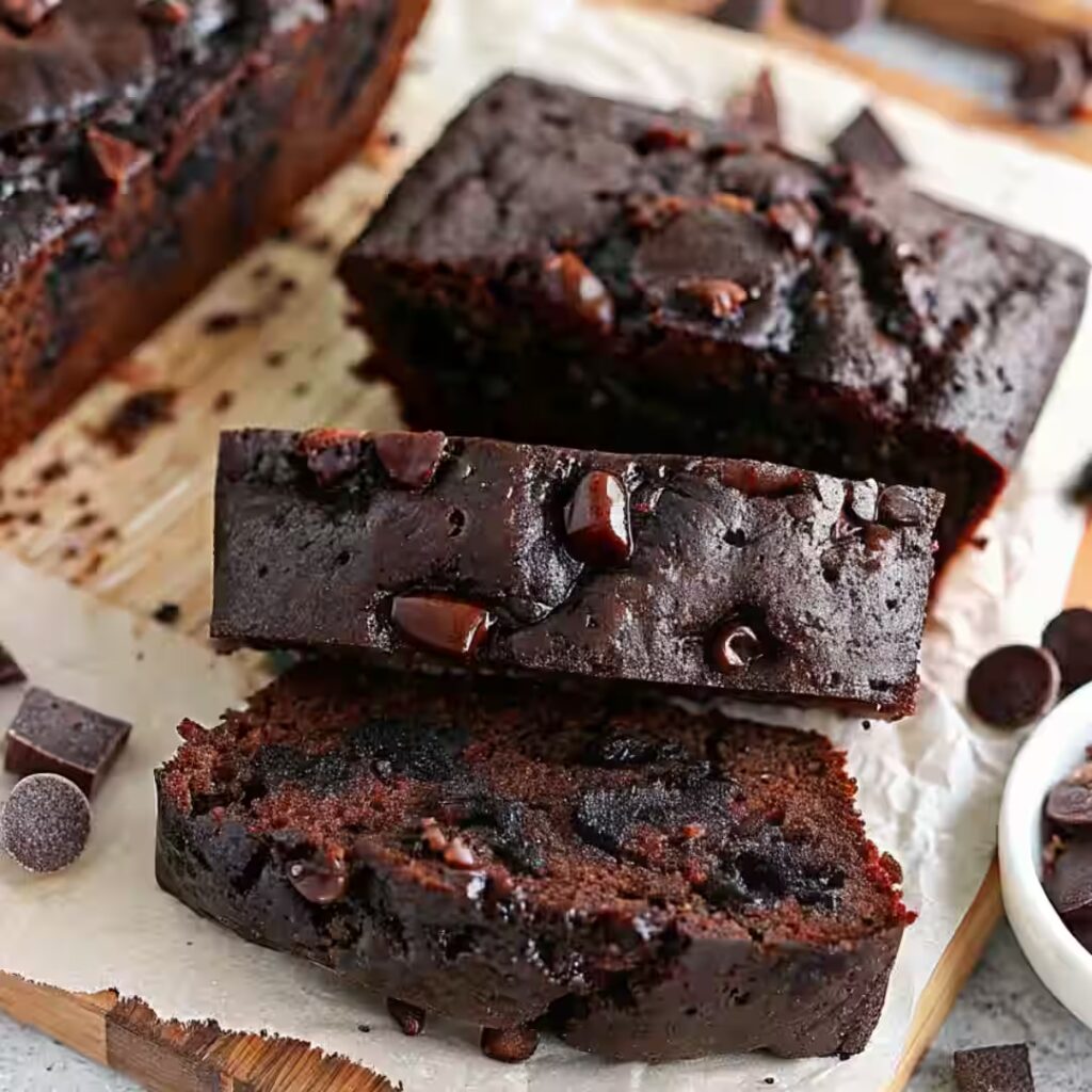 Moist chocolate zucchini bread sliced on parchment paper