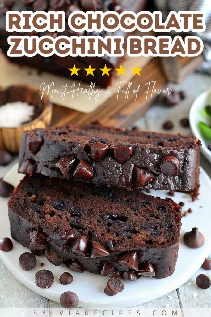 Rich chocolate zucchini bread with chocolate chips on white plate, text overlay reading “Moist, Healthy & Full of Flavor”