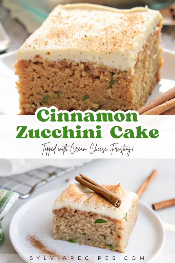 Cinnamon zucchini cake topped with cream cheese frosting and cinnamon sticks, perfect for Pinterest boards
