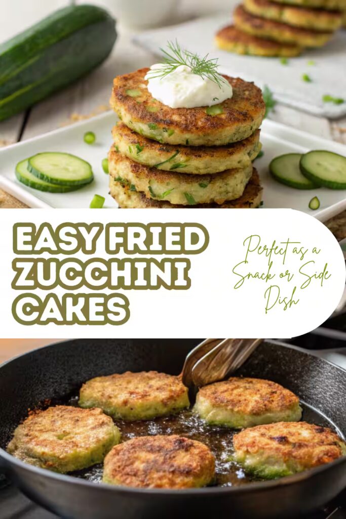 Easy fried zucchini cakes stacked and frying in skillet, Pinterest graphic