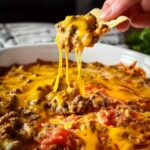 Football dip with melted cheddar and ground beef in white baking dish