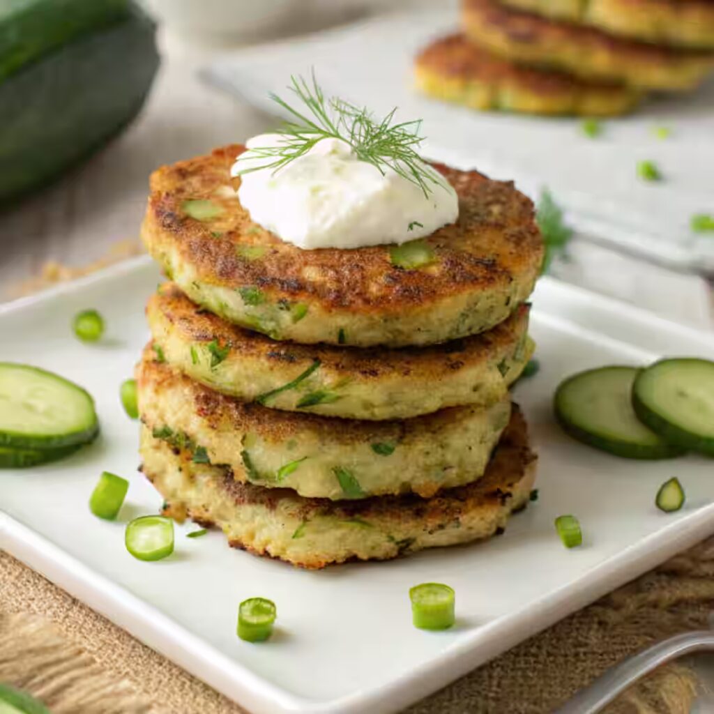 Stack of crispy fried zucchini cakes topped with sour cream and dill