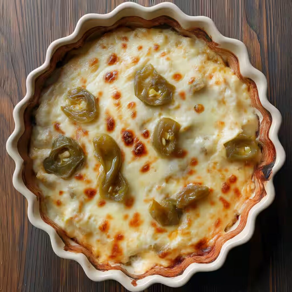 Baked Hatch Green Chile Dip in a scalloped dish with melted cheese and roasted green chiles