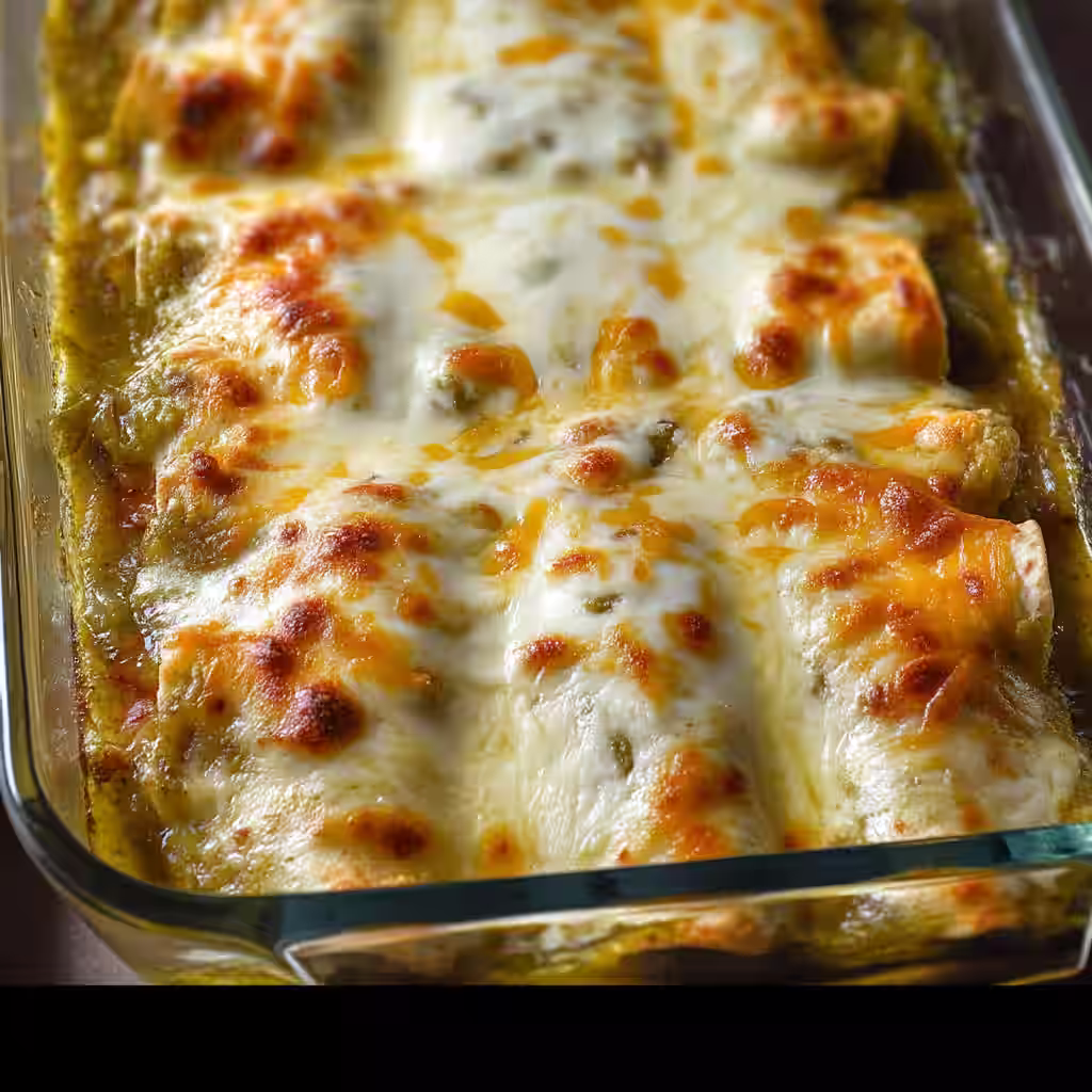 Hatch Green Chile Enchiladas fresh from the oven with melted cheese