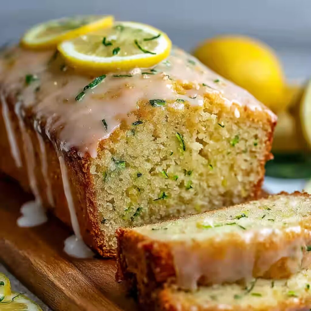 Lemon zucchini bread topped with glaze and lemon slices on a wooden board