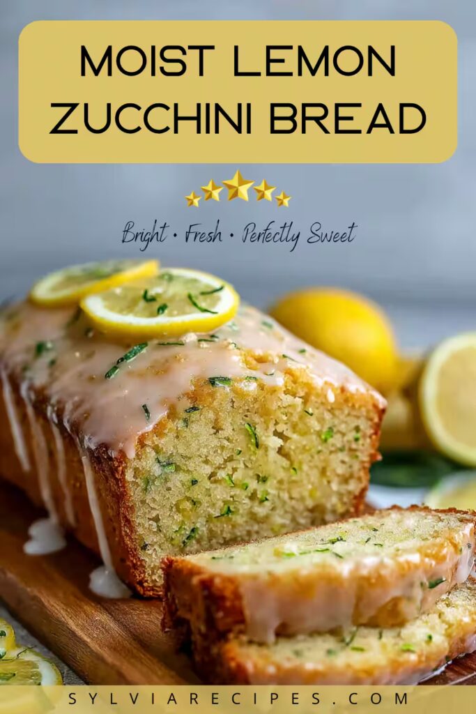 Moist lemon zucchini bread with glaze, sliced and topped with lemon rounds, Pinterest pin style