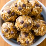 Bowl of no bake energy balls with oats and chocolate chips
