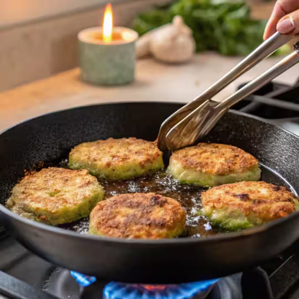 Fried zucchini cakes cooking in a cast iron skillet over blue flame with metal tongs