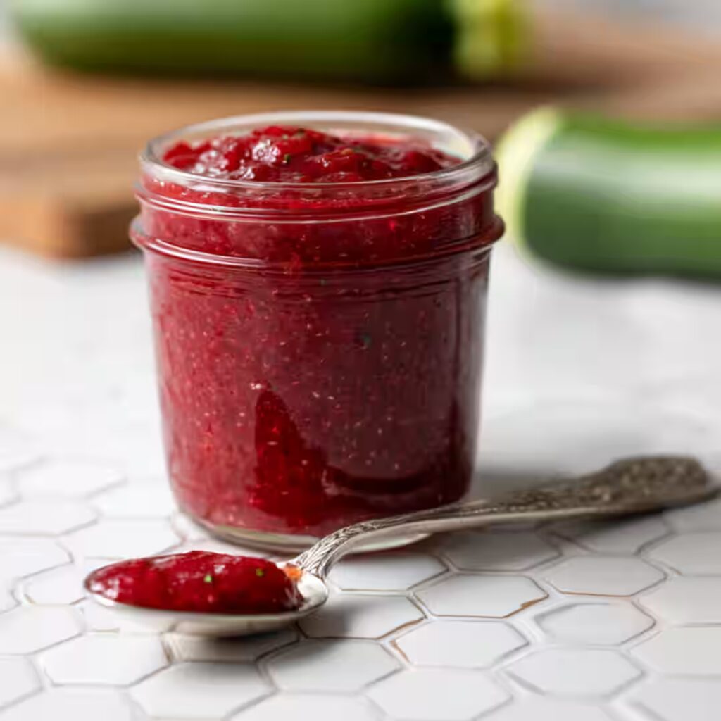 Homemade zucchini jam in a glass jar with spoon on white tile counter