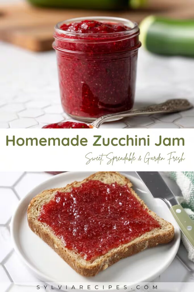 Homemade zucchini jam in mason jar and spread on toast