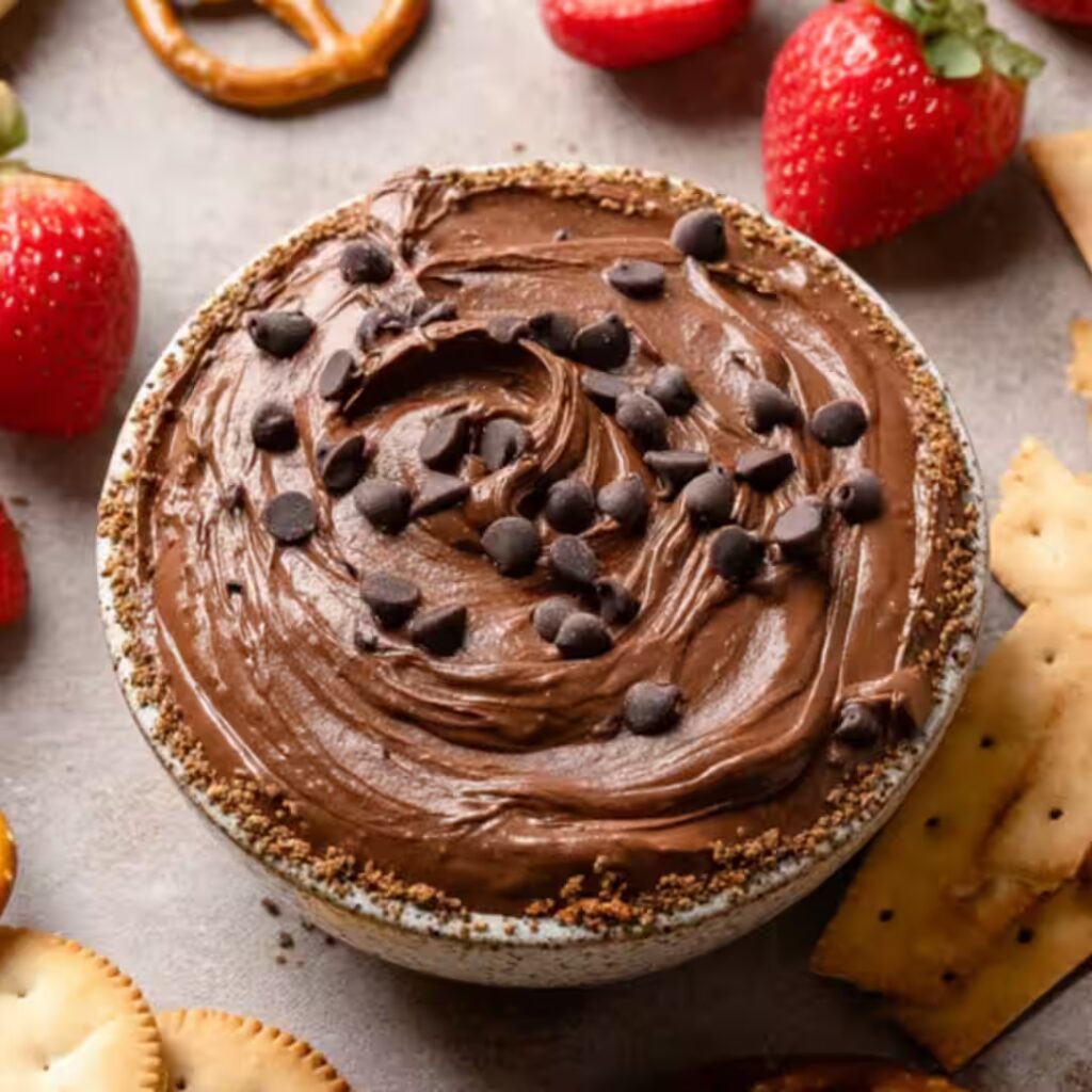 brownie batter dip in a bowl topped with mini chocolate chips