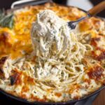 chicken tetrazzini recipe with golden cheesy top and creamy pasta