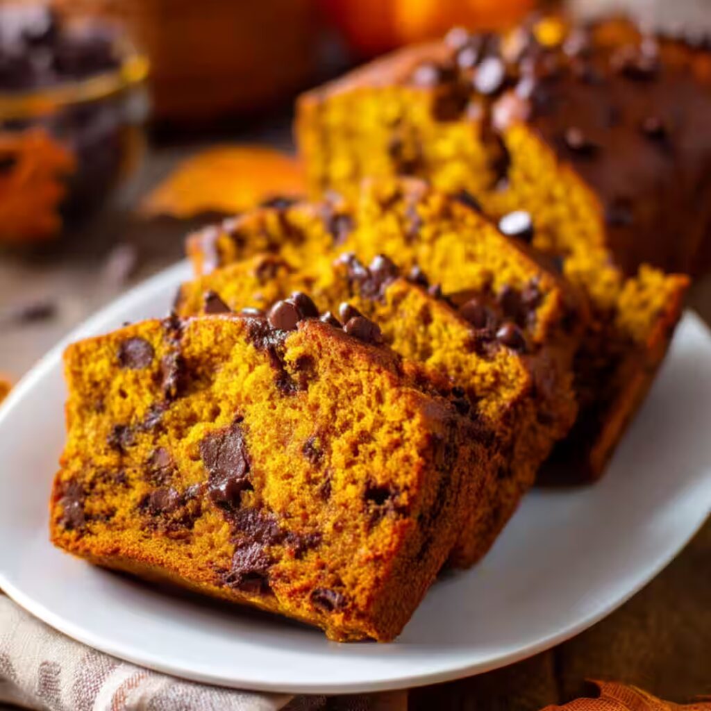 Sliced chocolate chip pumpkin bread on a white plate with melty chips