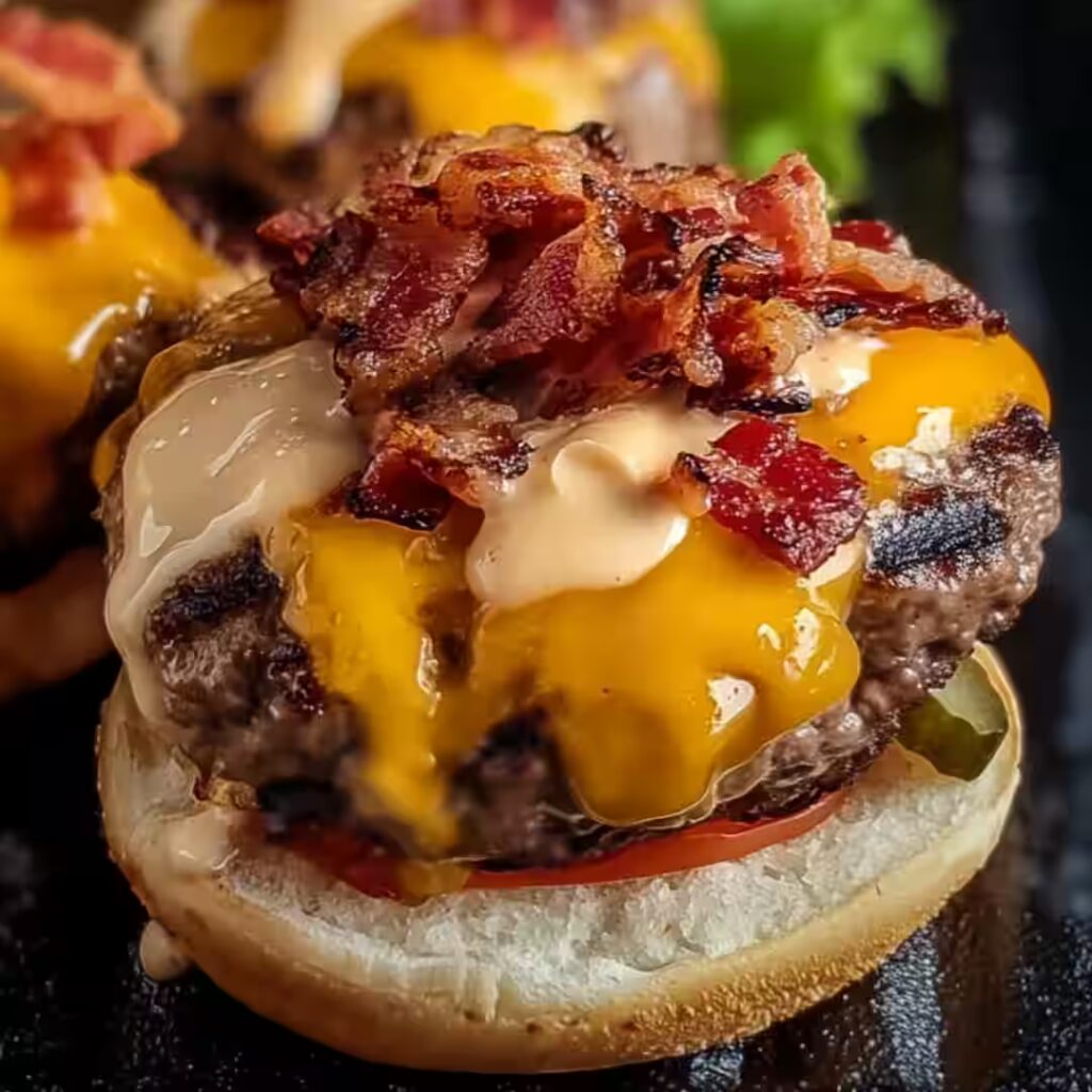 crack burger with melted cheddar, turkey bacon, and sauce on toasted bun