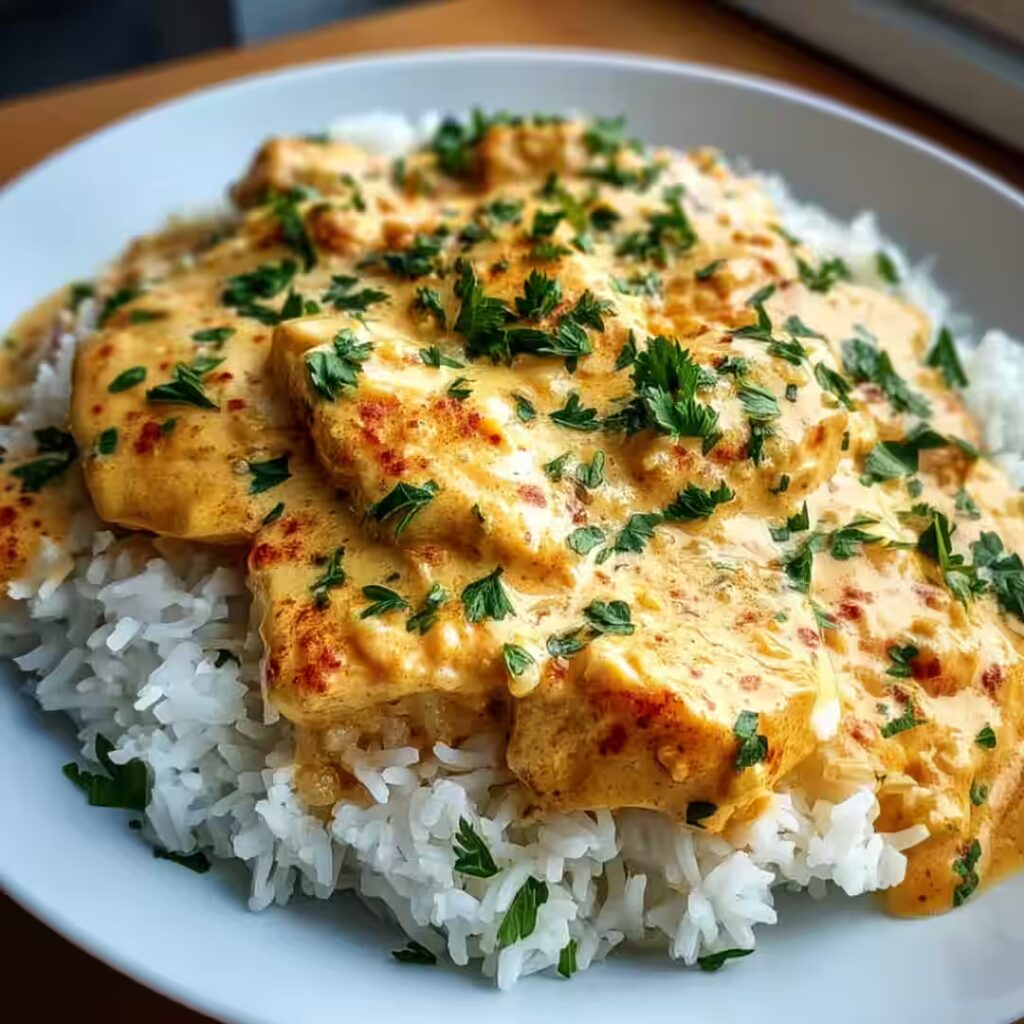 Creamy smothered chicken and rice served on fluffy white rice with parsley garnish