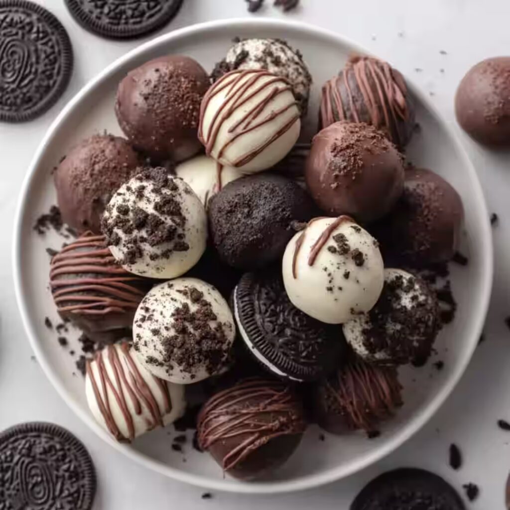 Oreo Balls coated in white, milk, and dark chocolate on a serving plate