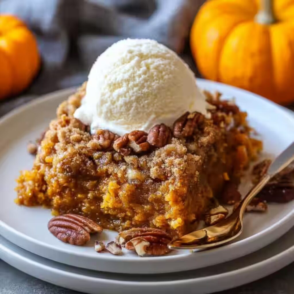 Warm pumpkin dump cake topped with vanilla ice cream and pecans