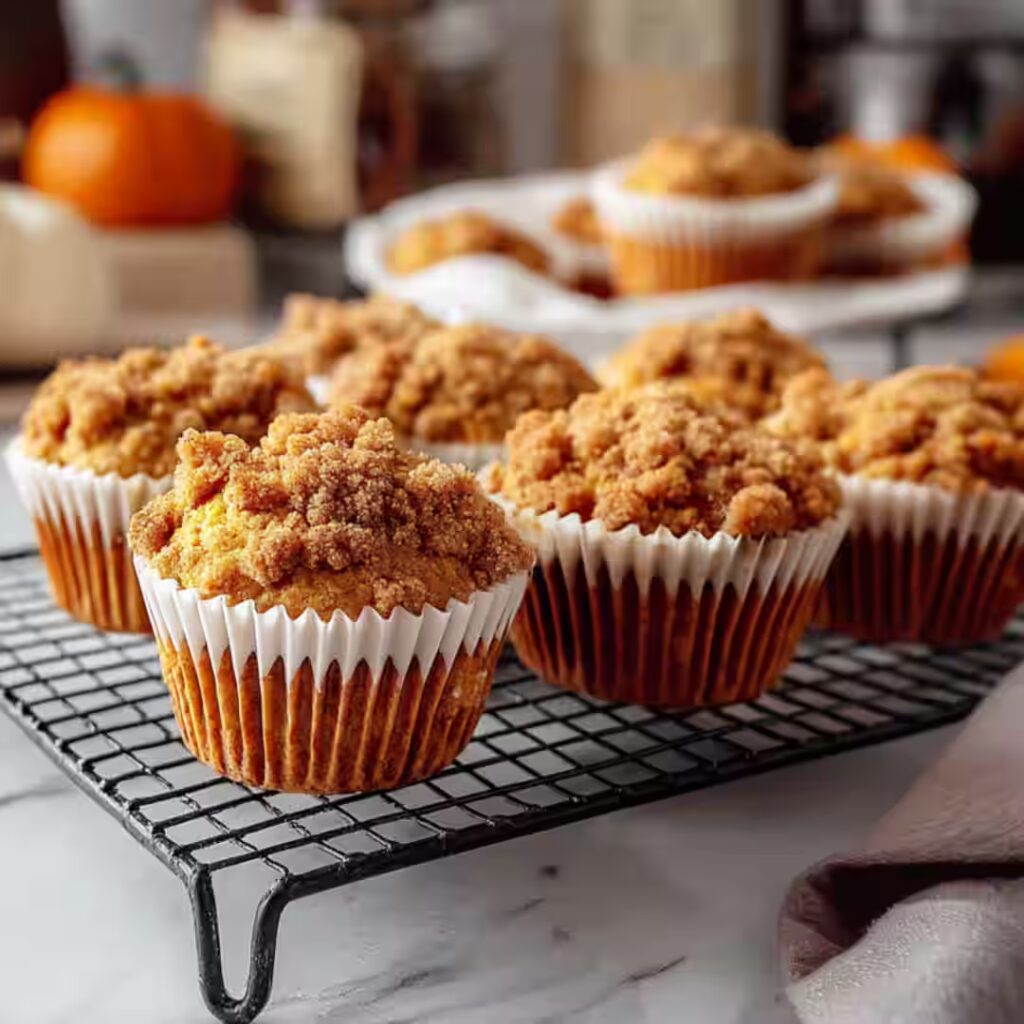 Freshly baked pumpkin streusel muffins with crumb topping on cooling rack