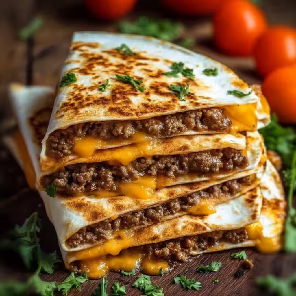 Smashburger Quesadillas stacked with melted cheese and beef