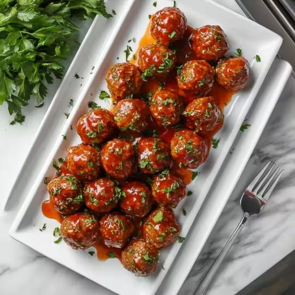 Sweet chili meatballs crockpot recipe on white platter with sauce
