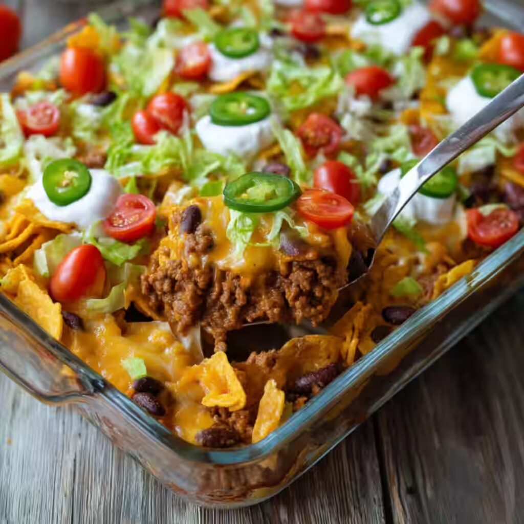 Walking Taco Casserole with beef, cheese, lettuce, tomatoes, and jalapeños in a glass baking dish