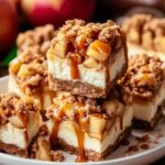 Caramel apple cheesecake bars with streusel topping and caramel drizzle