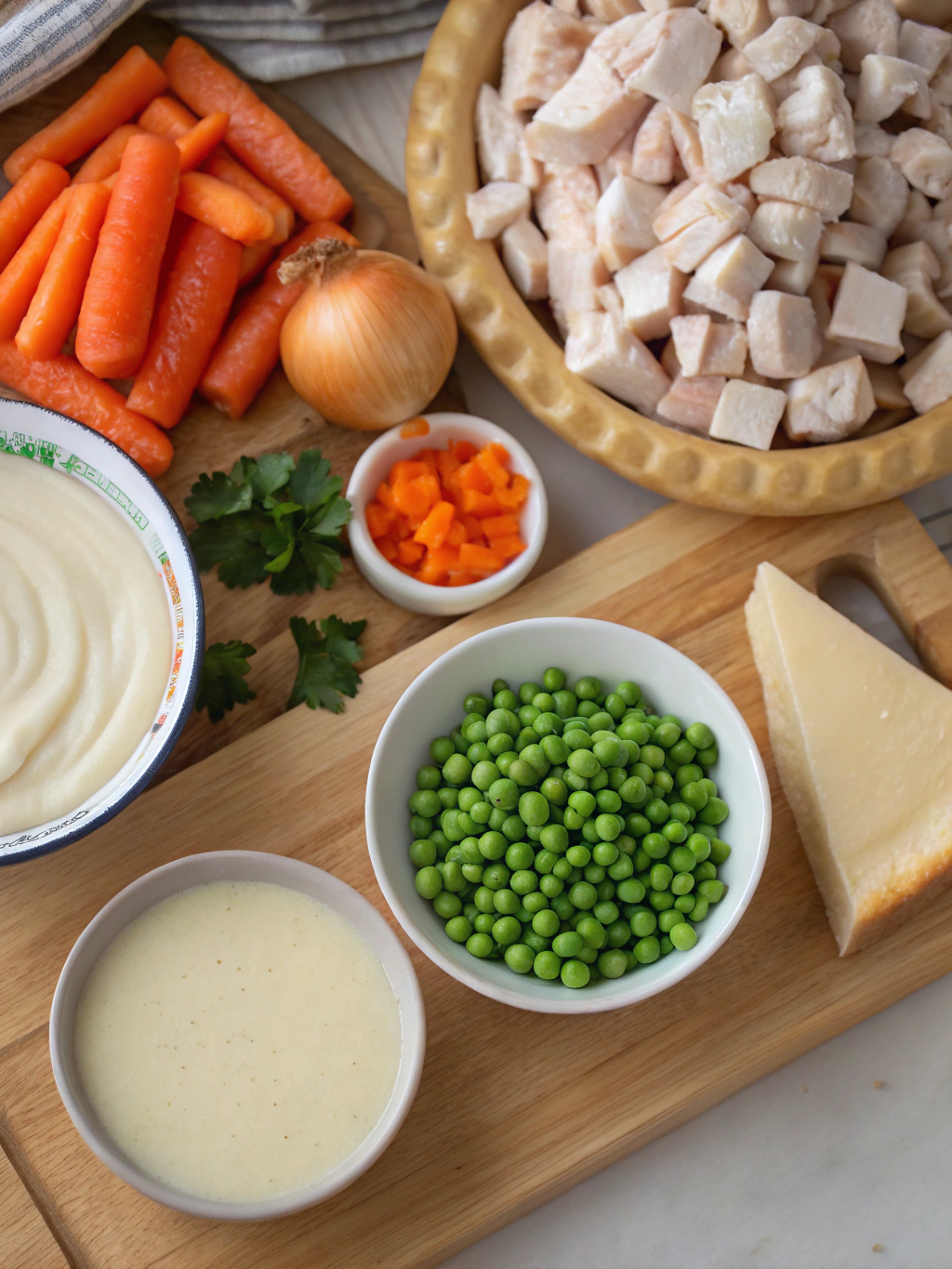 Chicken Pot Pie Casserole ingredients laid out on kitchen counter